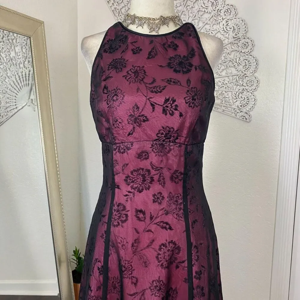 Early 2000's Whimsygoth Black Pink Purple Mesh Rose Crushed Velvet Prom Dress S - Picture 2 of 8